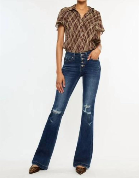 Kancan - Mid Rise Button Up Distressed Flare Jeans