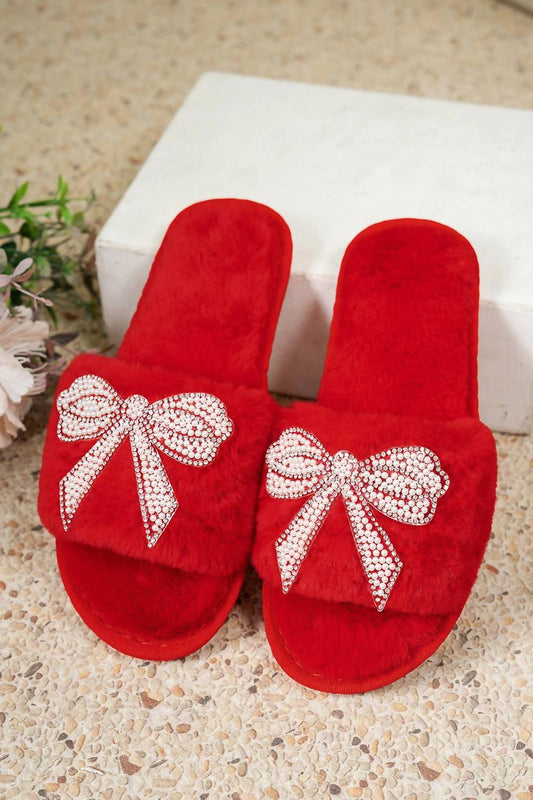1 The Woman - Women's Plush Rhinestone Bow Slippers