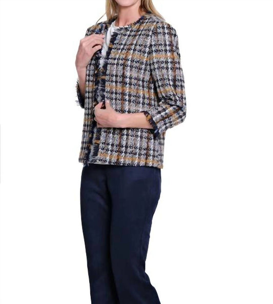 Multiples - Fringe Trim Plaid Jacket