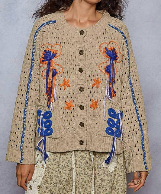 Pol - Long Sleeve Floral Frayed Edge Cardigan Top