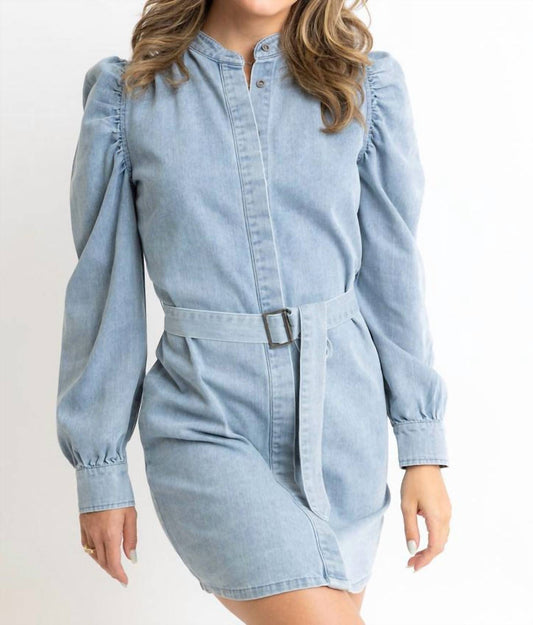 Karlie - Denim Puff Sleeve Belted Dress
