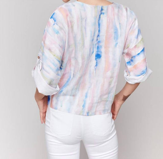 Charlie B - Printed 3/4 Sleeve Top With Front Tie - blouses - clothing - patterned