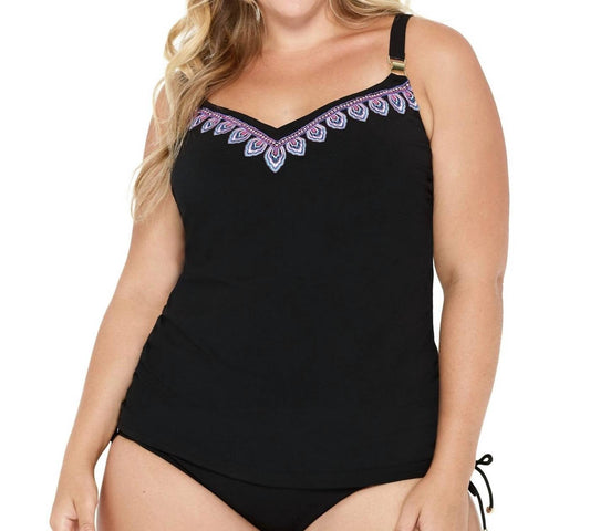 Christina Swimwear - Wanderlust Embroidery D - cup Underwire Tankini Top - bikinis - black - clothing