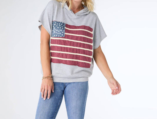 Coco + Carmen - Vintage Look Americana Patriotic Hooded Top - clothing - graphic - grey