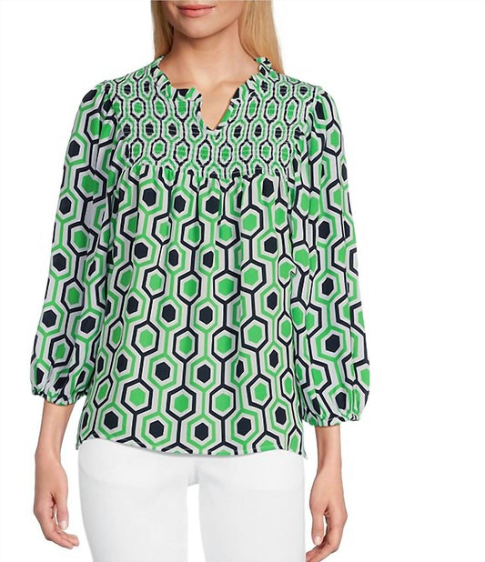 Multiples - Hexagon Print Smocked Neck Top