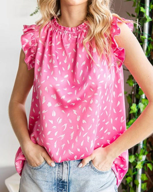 First Love - Print Ruffled Satin Sleeveless Blouse - Plus