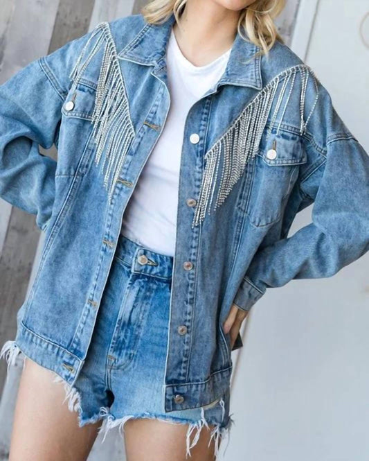 Veveret - Rhinestone Fringe Denim Jacket