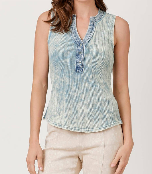 Mystree - Washed Sleeveless Thermal Henley Top