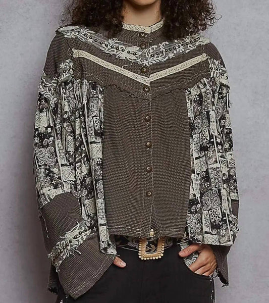 Pol - Printed Contrast Stud Button High Neck Top & Jogger Set