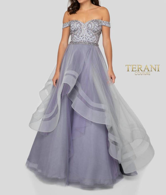 Terani Couture - Embellished Off-the-shoulder A-line Dress