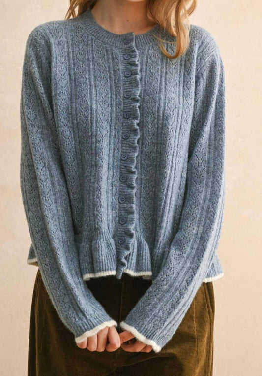 Miou Muse - Button Front Ruffled Detail Sweater Cardigan