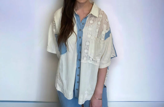 Pol - Short Sleeve Lace Contrast Button Down Top