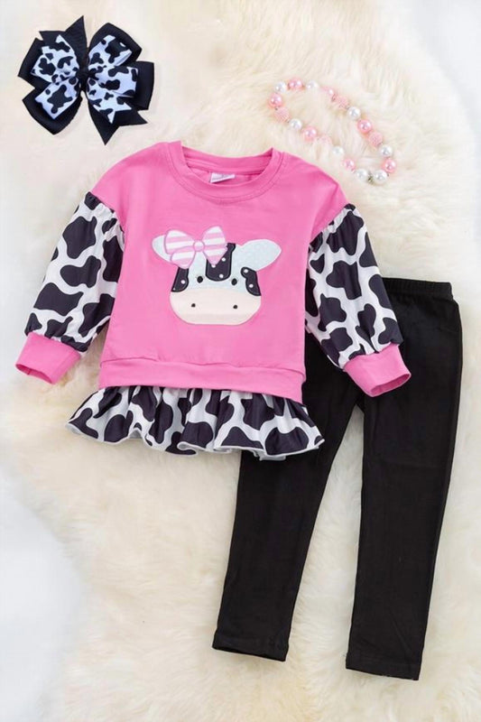 Kids Charm - Girl's Cow Application Top & Black Leggings