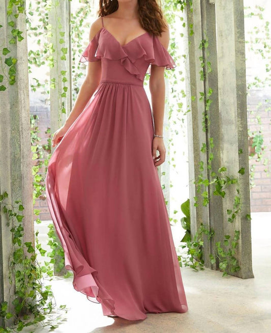Morilee - Ruffled Cold Shoulder Sleeves Chiffon Bridesmaid Dress