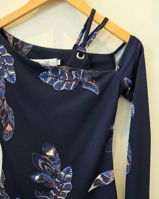 Vava - Women's Feather Print Asymmetrical Strappy Long Sleeve Top