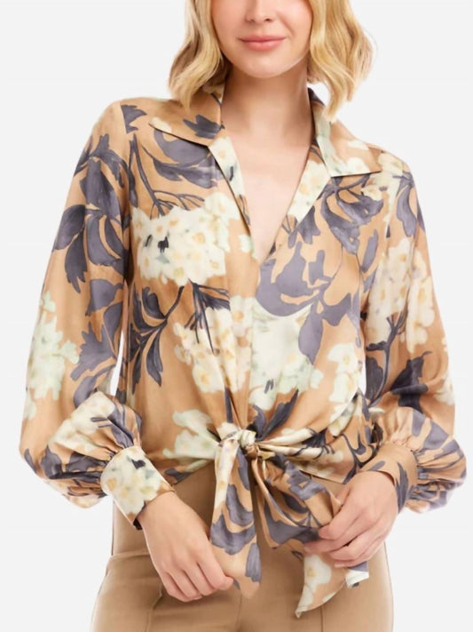 Karen Kane - Hydrangea Print Long Blouson Sleeve Tie-front Top