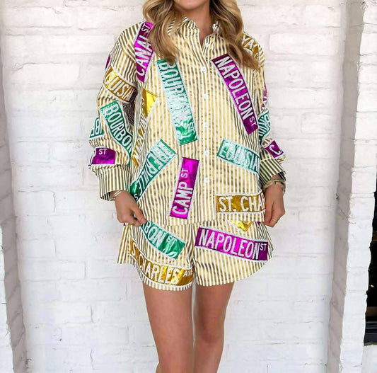 Queen Of Sparkles - Metallic Stripe Nola Street Signs Button Up Top
