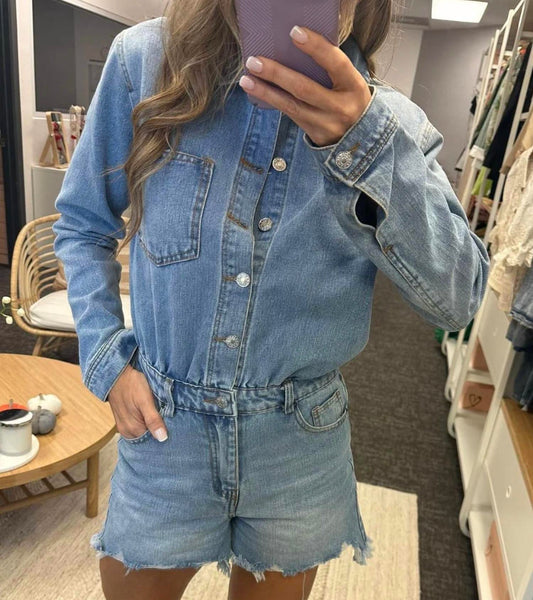 Moda Borboleta - Long Sleeve Denim Romper