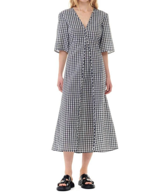 Ganni - Seersucker Check V-Neck Long Dress