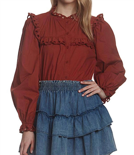 Stellah - Eyelet Ruffle Trim Button Down Top