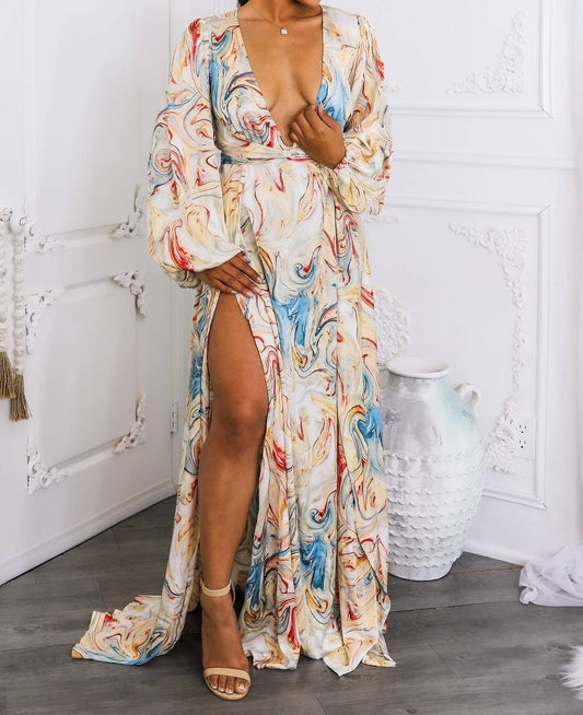 Surelymine - Marble Swirl Kimono Maxi Dress With Slits Boho Resort Style