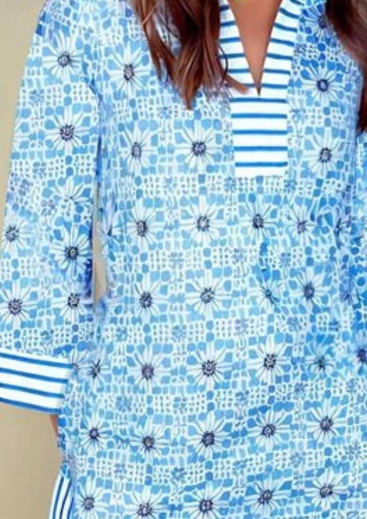 Shewin - Contrast Striped Trim Floral Shift Dress