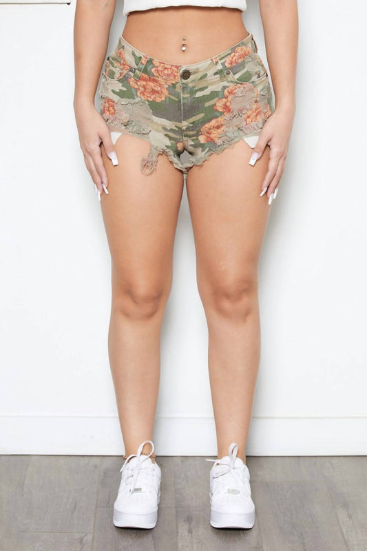 Boom Boom Jeans - Women's Distressed Floral Mid Rise Shorts
