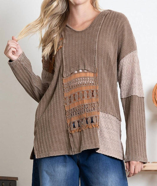 Blue Velvet - MULTI FABRIC LACE INSET HOODED TOP