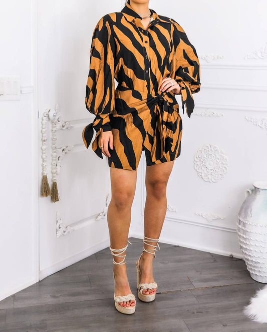 Surelymine - Bold Tiger Stripe Wrap Shirt Dress Balloon Sleeve Mini