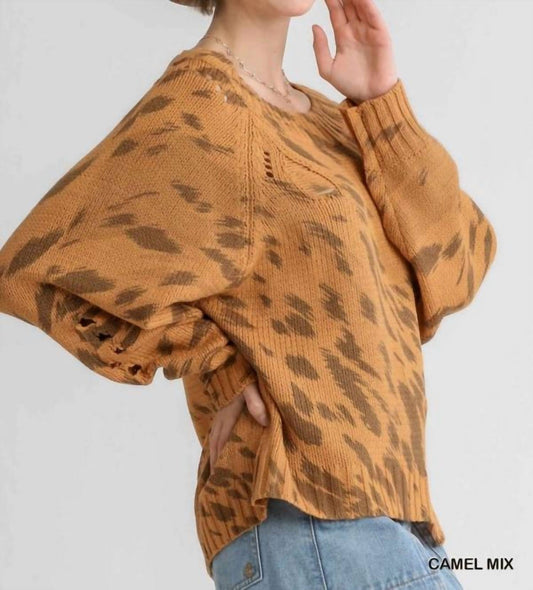 Umgee - Animal Print Round Neck Distressed Sweater