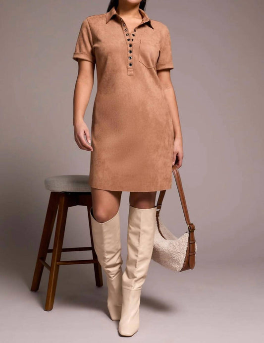 Tribal - Faux Suede Short Sleeve Polo Mini Dress