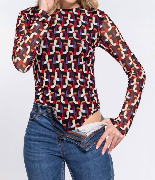Active Usa - Long Sleeve Printed Mesh Bodysuit