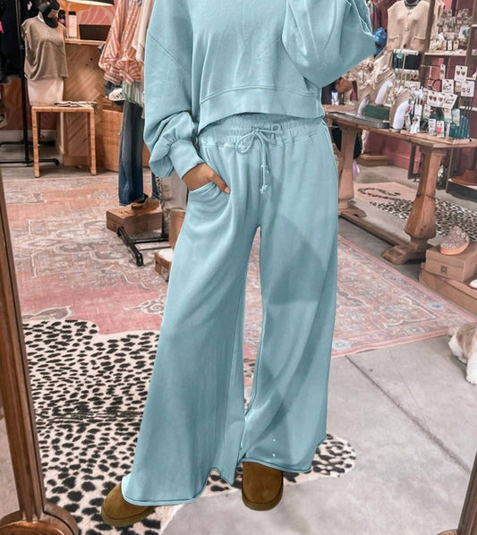 Aapparella - Crewneck Terry Top With Wide Leg Raw Edge Bottoms Set