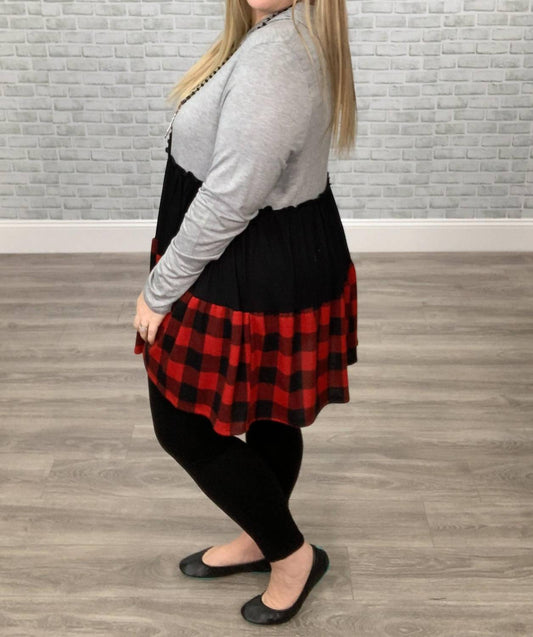 Honeyme - Tiered Buffalo Plaid Hoodie Tunic