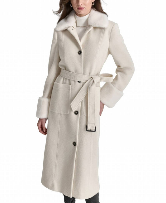 Dkny - Faux Fur Trim Single Breasted Belted Coat