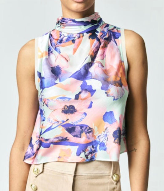 Derek Lam 10 Crosby - Lina Floral Print Satin Mock Neck Top