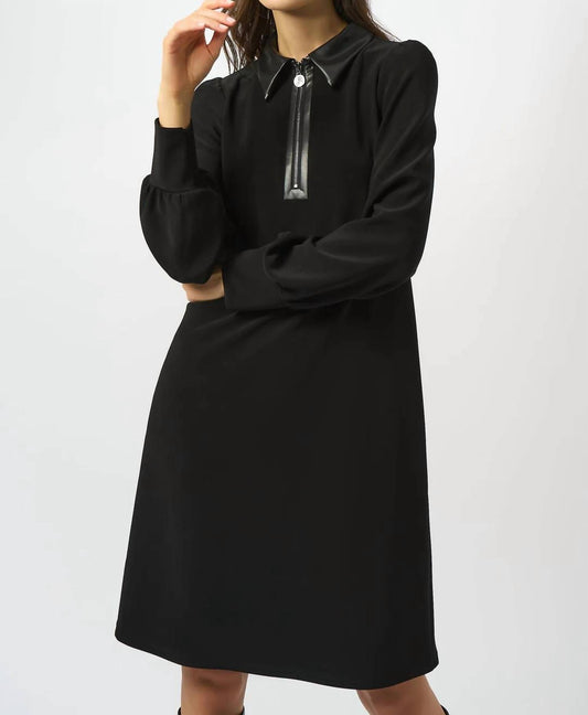 Joseph Ribkoff - Leatherette Long Puffed Sleeves Trapeze Dress