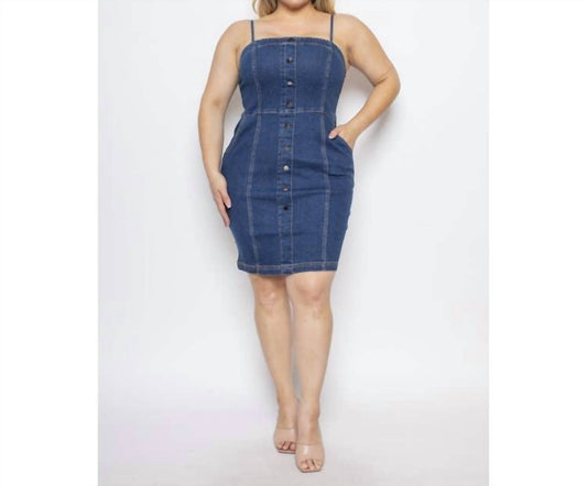 Curve Market - Square Neck Button Down Side Pockets Denim Mini Dress
