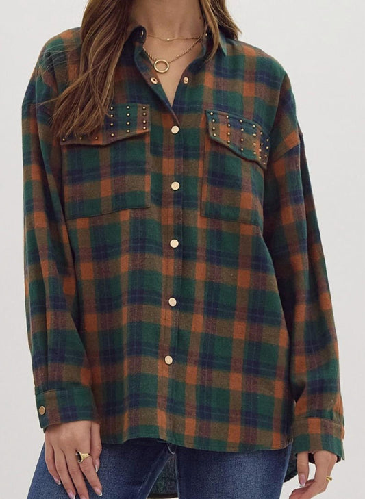 Entro - Stud Plaid Button Down Top