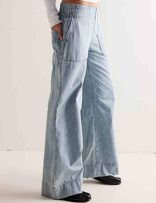 Sweetkama - Elastic Waist Pocket Wide Leg Denim Pants