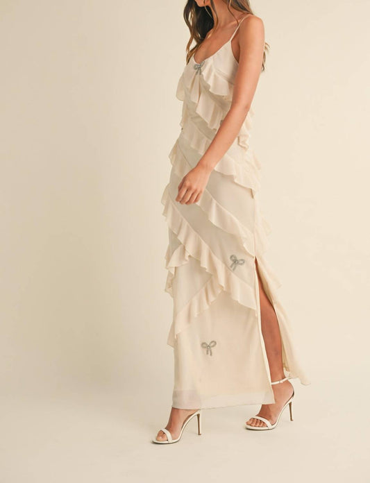 Golden - Cordi Bow Rhinestone Ruffle Maxi Dress