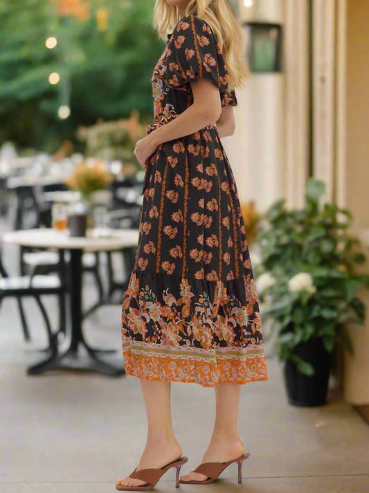 Entro - Botanical Print Puff Sleeve Midi Dress