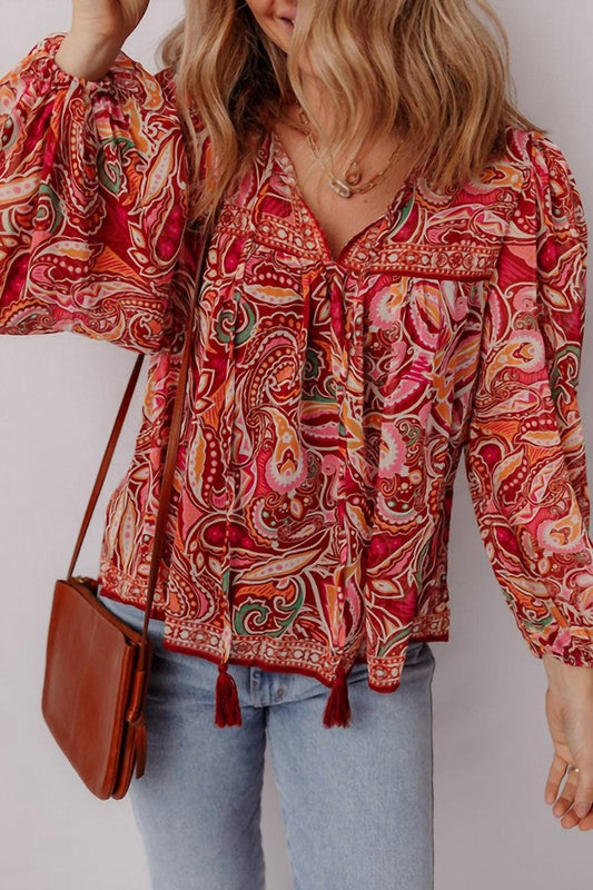 Shewin - Paisley Print Tassel Tie Boho Blouse