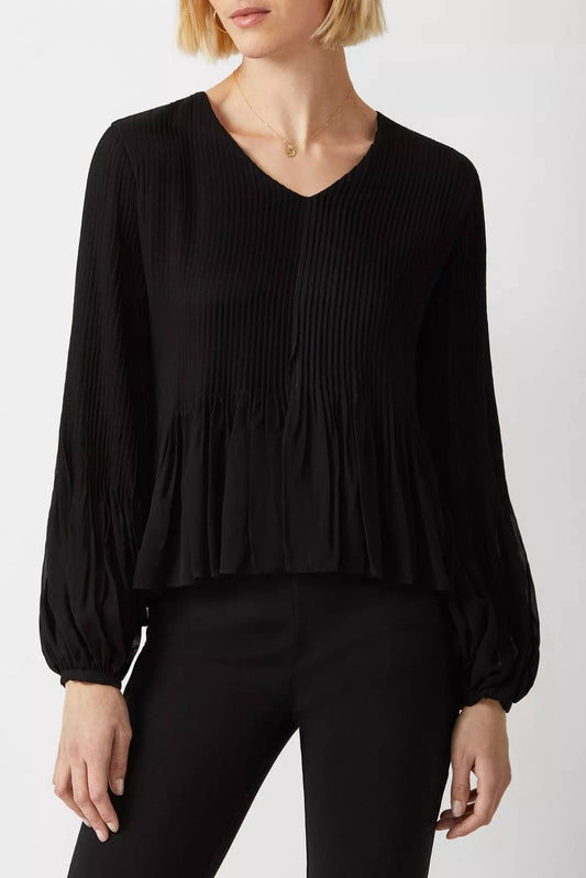 Ecru - V-neck Long Sleeve Ruched Chiffon Top