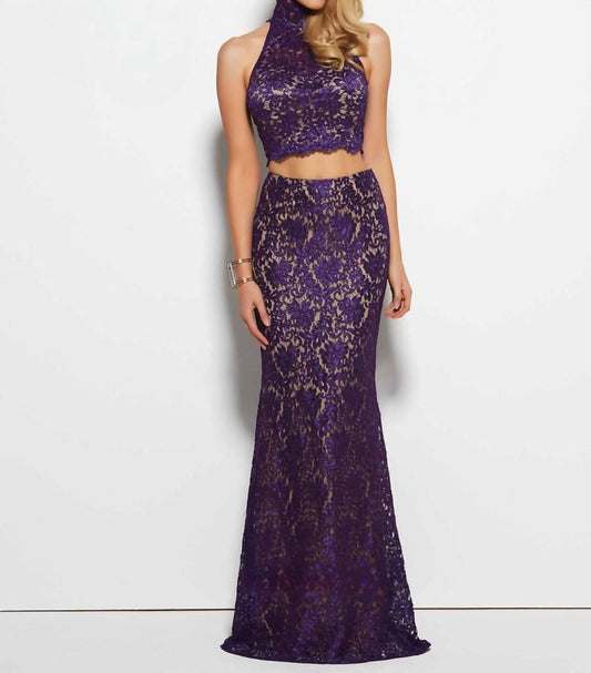 Mac Duggal - Lace Two-Piece Halter Neck Gown