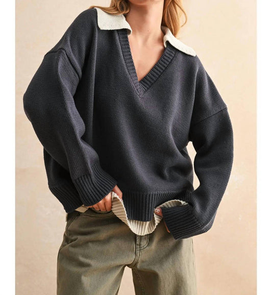 Miou Muse - Color Combo V-neck Sweater Top