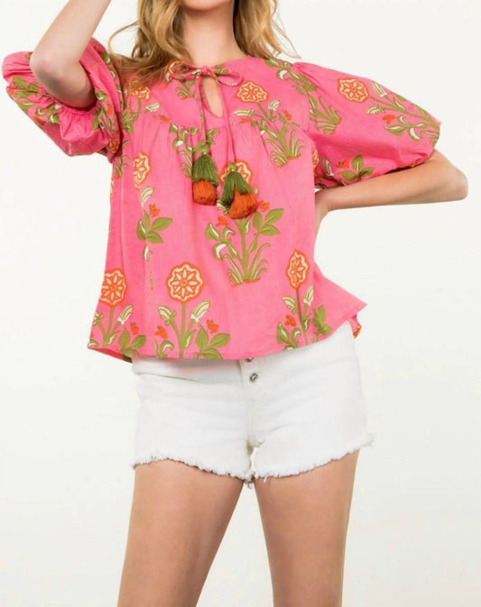 Thml - Puff Sleeve Floral Tassel Tie Top