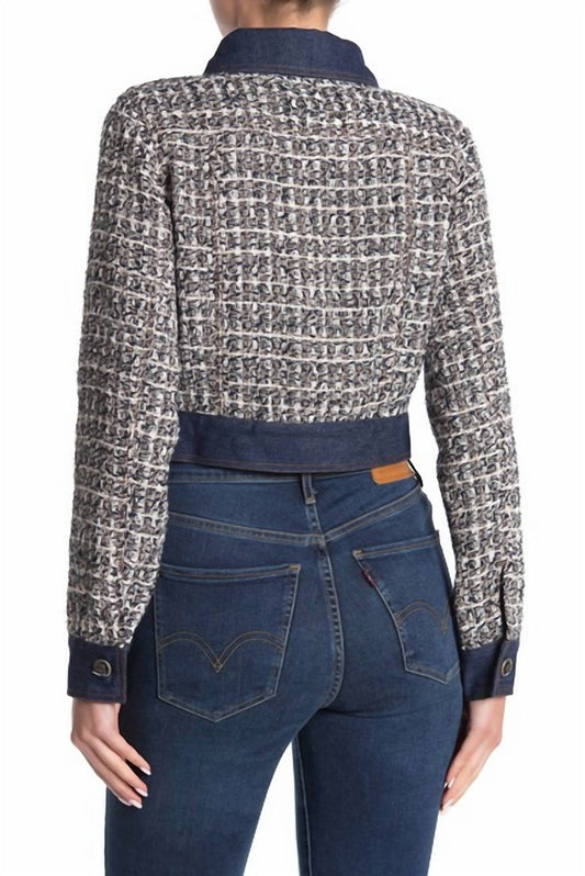 Gracia - Tweed Glitter Contrast Denim Crop Jacket