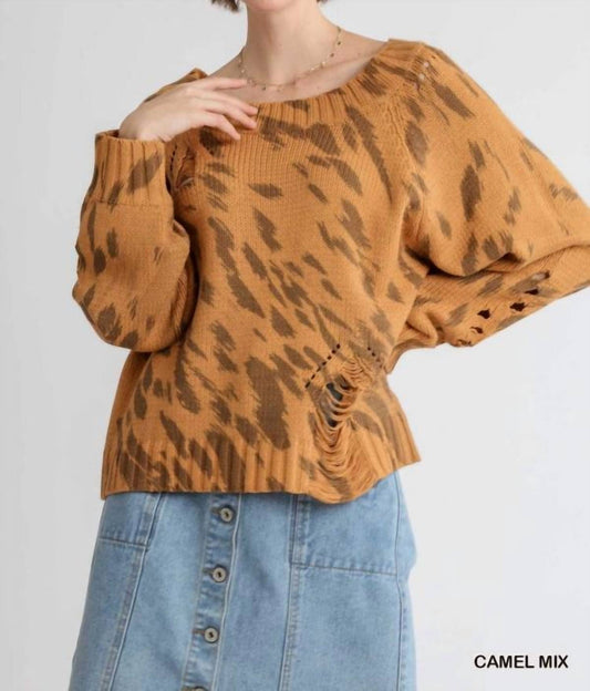 Umgee - Animal Print Round Neck Distressed Sweater