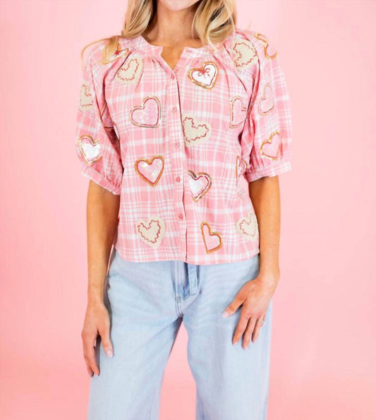 Queen Of Sparkles - Plaid Heart Cookies Button Up Top
